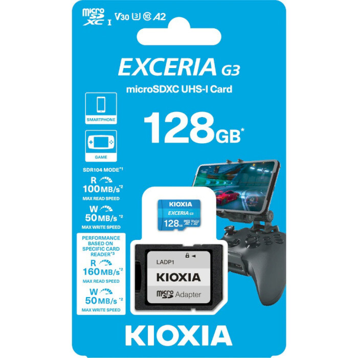 Карта пам`яті MicroSDXC 128GB UHS-1 U3 Class 10 Kioxia Exceria G3 V30 + SD-адаптер (LMEX3L128GG2)