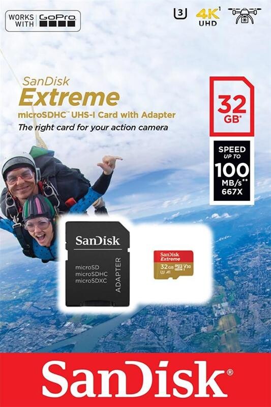 Карта пам`ятi MicroSDHC 32GB UHS-I/U3 Class 10 SanDisk Extreme A1 R100/W60MB/s + SD-adapter (SDSQXAF-032G-GN6AA)