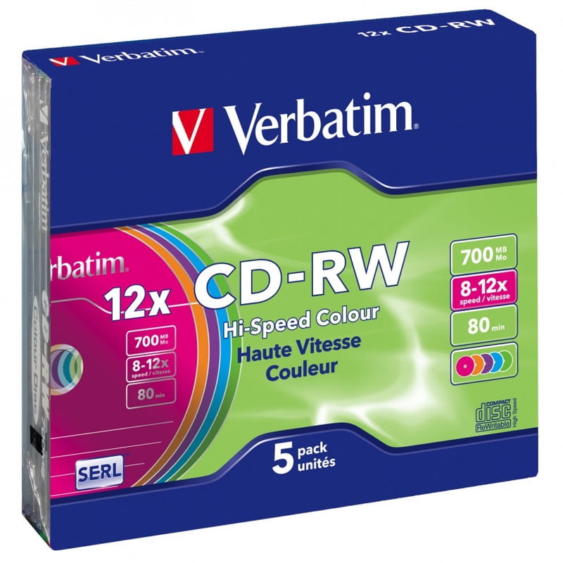 Диски CD-RW Verbatim (43167) 700MB 12x Slim, 5шт Color