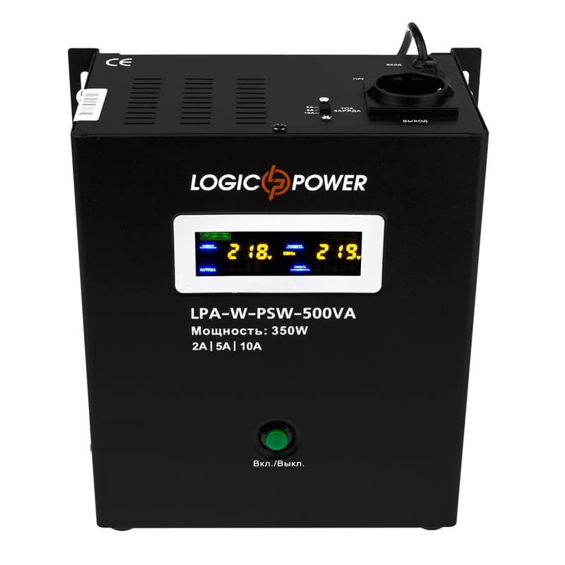 Джерело безперебійного живлення LogicPower LPA-W-PSW-500VA (350Вт)2A/5A/10A, Lin.int., AVR, 1 x евро, LCD, металл, з правильною синусоїдою 12V, настінний
