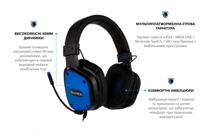Гарнитура Sades SA-722 Dpower Black/Blue (sa722blj)