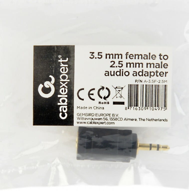Адаптер Cablexpert 2.5 мм - 3.5 мм (M/F), черный (A-3.5F-2.5M)