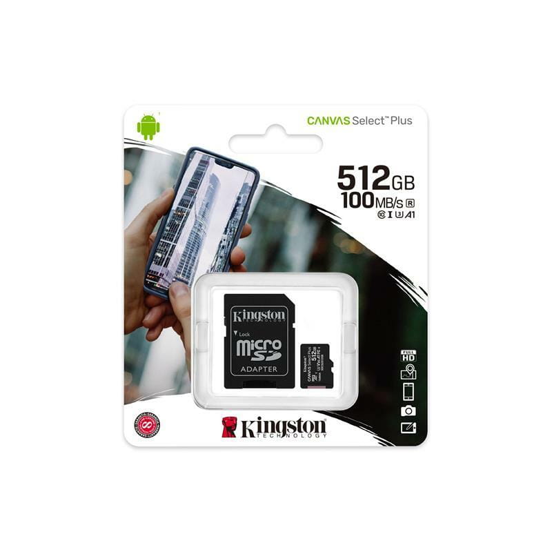 Карта памяти MicroSDXC 512GB UHS-I/U3 Class 10 Kingston Canvas Select Plus R100/W85MB/s + SD-адаптер (SDCS2/512GB)