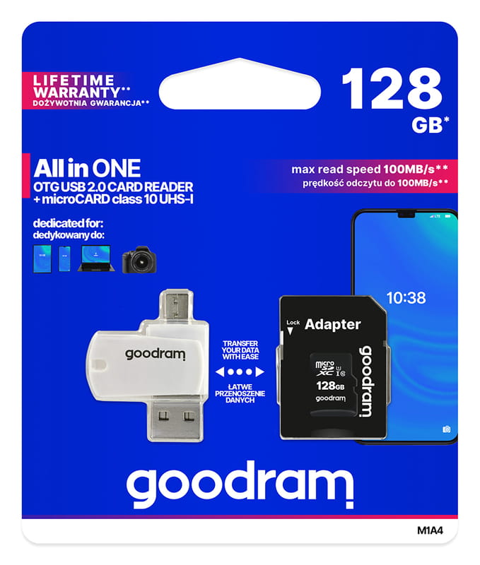 Карта памяти MicroSDXC 128GB UHS-I Class 10 Goodram + SD-adapter + OTG Card reader (M1A4-1280R12)