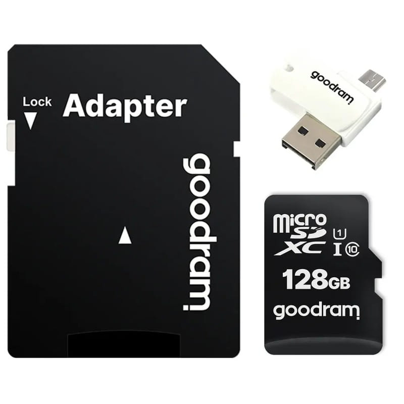 Карта памяти MicroSDXC 128GB UHS-I Class 10 Goodram + SD-adapter + OTG Card reader (M1A4-1280R12)