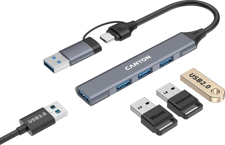 Концентратор USB Type-C Canyon DS-02 4-в-1 Grey (CNS-TDS02G)