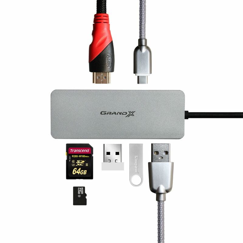 Концентратор USB 3.1 Type-C Grand-X PD Сharging  HDMI/3хUSB/Type-C/OTG/CR (SG-512)