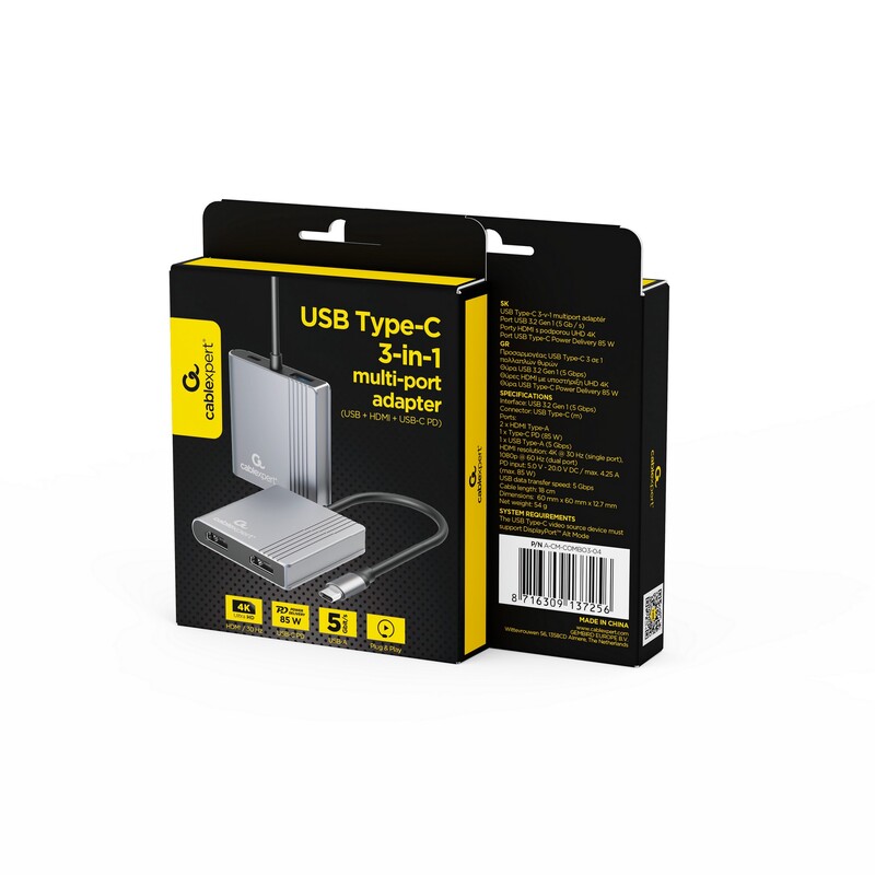 Док-станція Cablexpert USB-C 3-в-1 (A-CM-COMBO3-04)