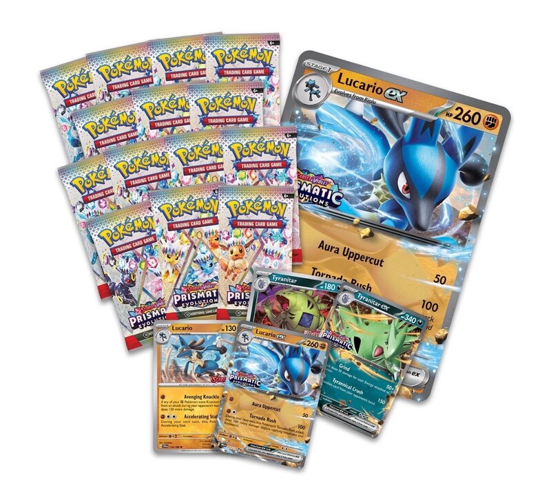 Коллекционная карточная игра Pokemon: Scarlet & Violet Prismatic Evolutions. Lucario Ex & Tyranitar Ex Premium Collection Box