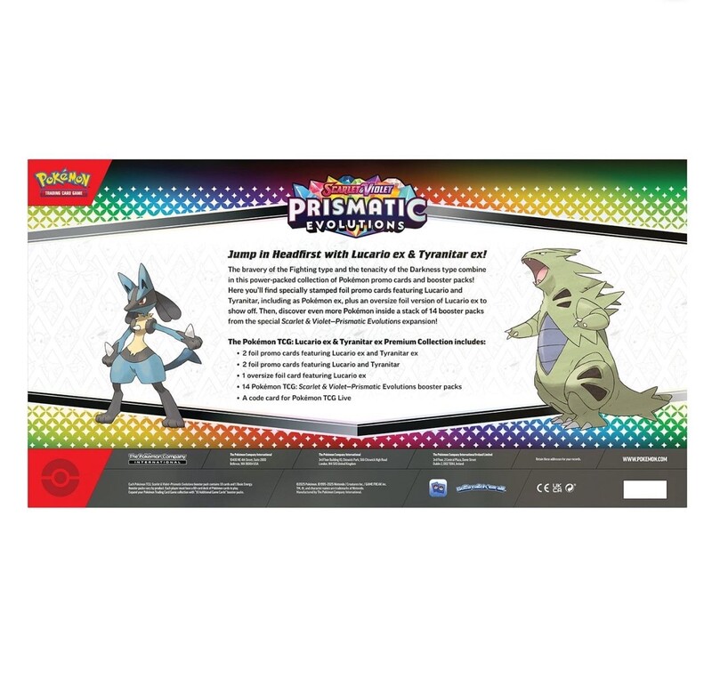 Коллекционная карточная игра Pokemon: Scarlet & Violet Prismatic Evolutions. Lucario Ex & Tyranitar Ex Premium Collection Box