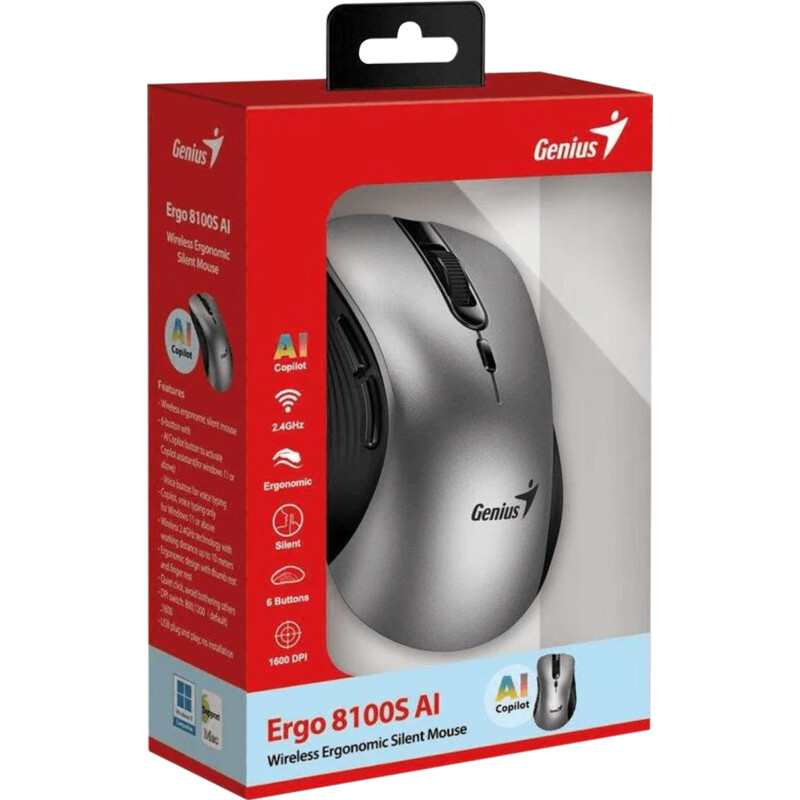 Мышь беспроводная Genius Ergo 8100S AI Silent Gray Wireless (31030040404)