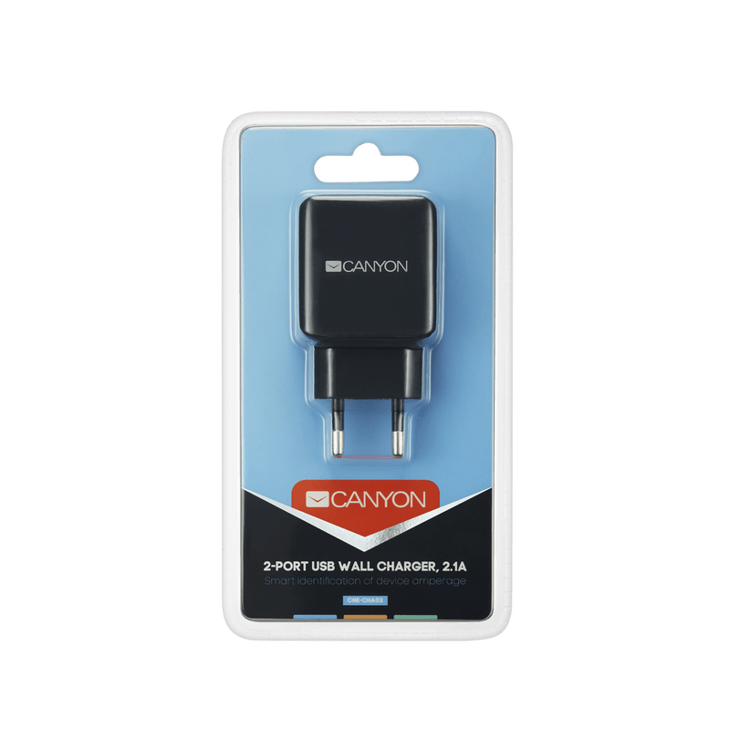 Сетевое зарядное устройство Canyon (2USB, 2.1A) Black (CNE-CHA03B)