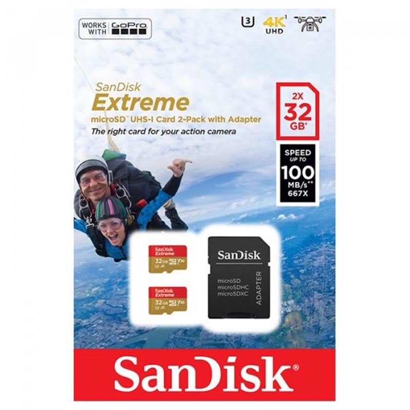 Карта памяти MicroSDHC  32GB UHS-I/U3 Class 10 SanDisk Extreme A1 R100/W60MB/s + SD-adapter Twin Pack (SDSQXAF-032G-GN6AT)