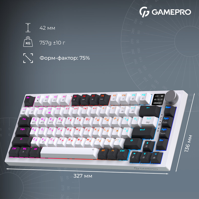 Клавіатура бездротова GamePro Asgard Valhalla QLAB Sakura Switch White With Display (MK160-W-D-QS-PRO)
