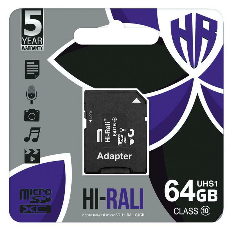 Карта памяти MicroSDXC  64GB Class 10 Hi-Rali + SD-adapter (HI-64GBSDCL10-01)