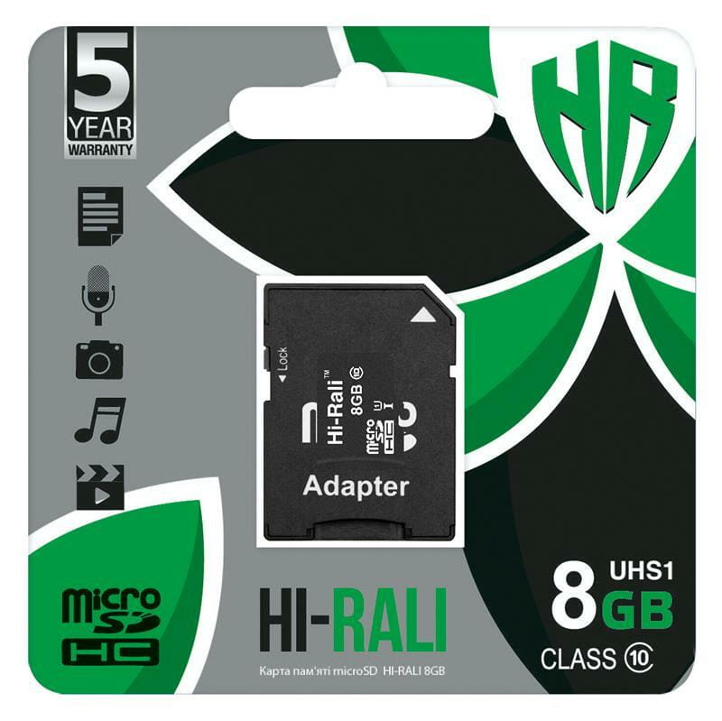 Карта памяти MicroSDHC   8GB UHS-I Class 10 Hi-Rali + SD-adapter (HI-8GBSD10U1-01)