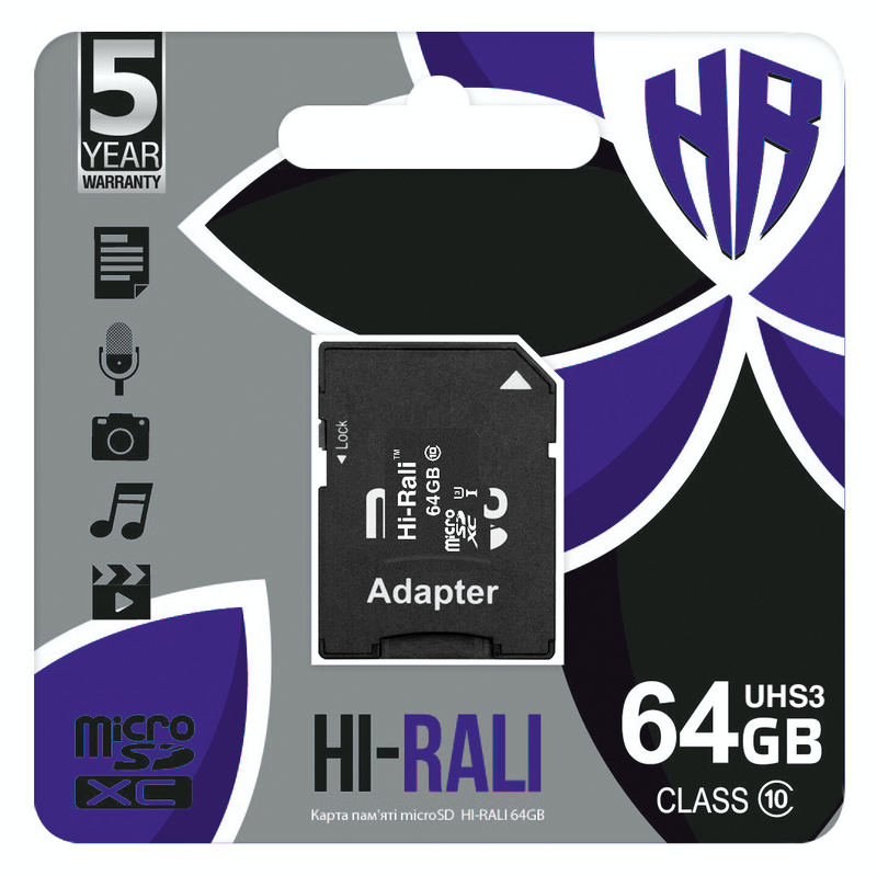 Карта памяти MicroSDXC  64GB UHS-I/U3 Class 10 Hi-Rali + SD-adapter (HI-64GBSDU3CL10-01)