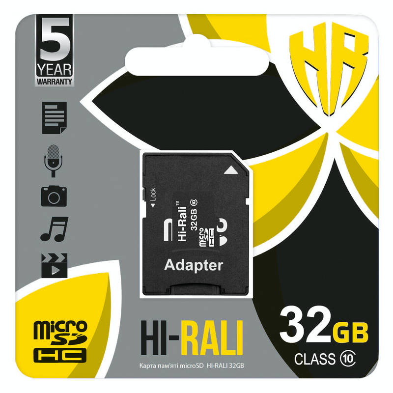 Карта памяти MicroSDHC  32GB Class 10 Hi-Rali + SD-adapter (HI-32GBSDCL10-01)