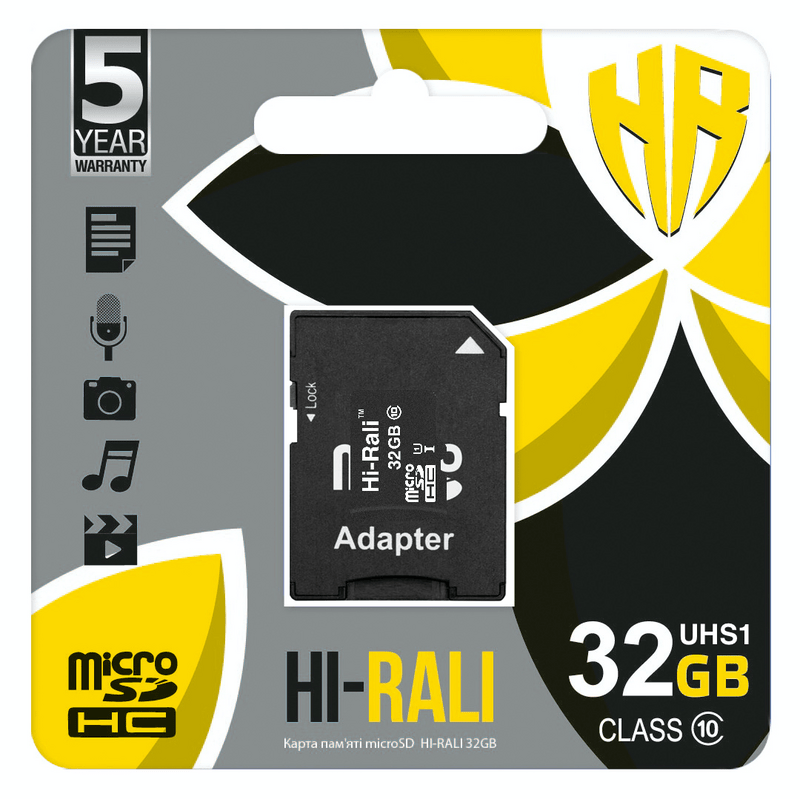 Карта памяти MicroSDHC  32GB UHS-I Class 10 Hi-Rali + SD-adapter (HI-32GBSD10U1-01)