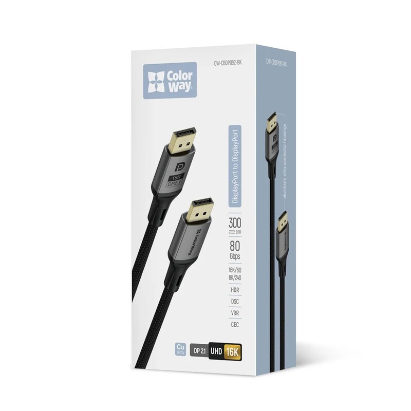 Кабель ColorWay DisplayPort-DisplayPort V2.1 16K 3м, Black (CW-CBDP092-BK)
