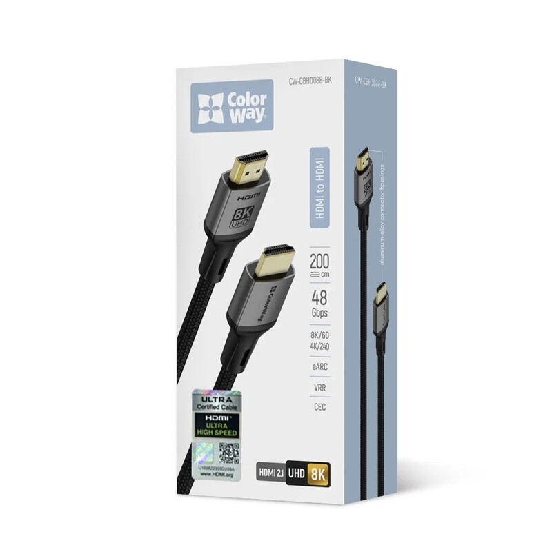 Кабель ColorWay HDMI-HDMI V2.1 8K 2м, Black (CW-CBHD088-BK)