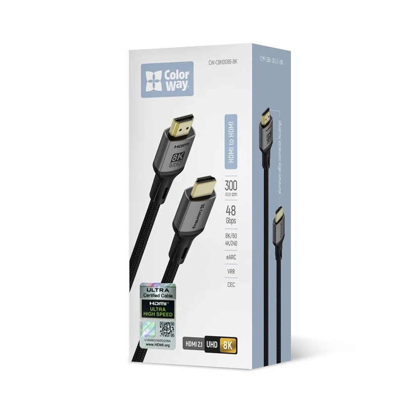 Кабель ColorWay HDMI-HDMI V2.1 8K 3м, Black (CW-CBHD089-BK)