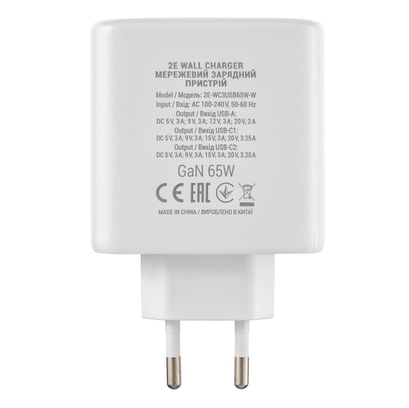 Сетевое зарядное устройство 2E USB-C Wall Charger GaN 65W White (2E-WC3USB65W-W)