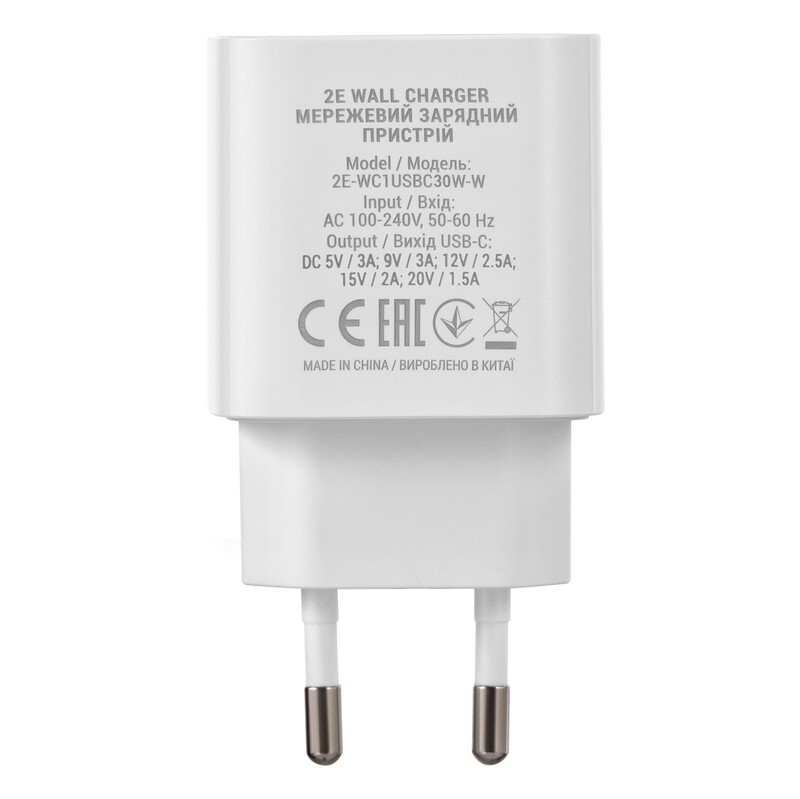 Сетевое зарядное устройство 2E (1USB 3A) 30W White (2E-WC1USBC30W-W)