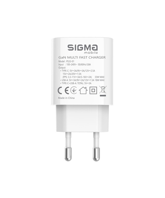 Сетевое зарядное устройство Sigma mobile X-power 33W GaN, PD, QC (1xUSB-C + 1xUSB-A) White (PS33-01)
