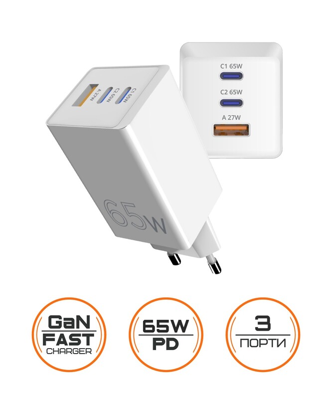 Сетевое зарядное устройство Sigma mobile X-power 65W GaN, PD, QC (2xUSB-C + 1xUSB-A) White (PS65-01)