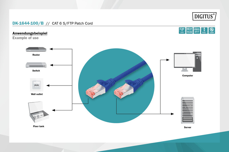 Патч-корд Digitus Cat.6 S/FTP, 10м, AWG 27/7, Cu, LSZH, синій (DK-1644-100/B)