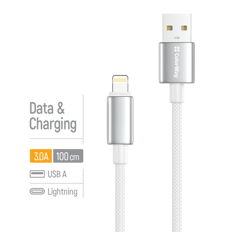 Кабель ColorWay USB - Lightning (M/M), zinc alloy braided, 3А, 1 м, White (CW-CBUL098-WT)