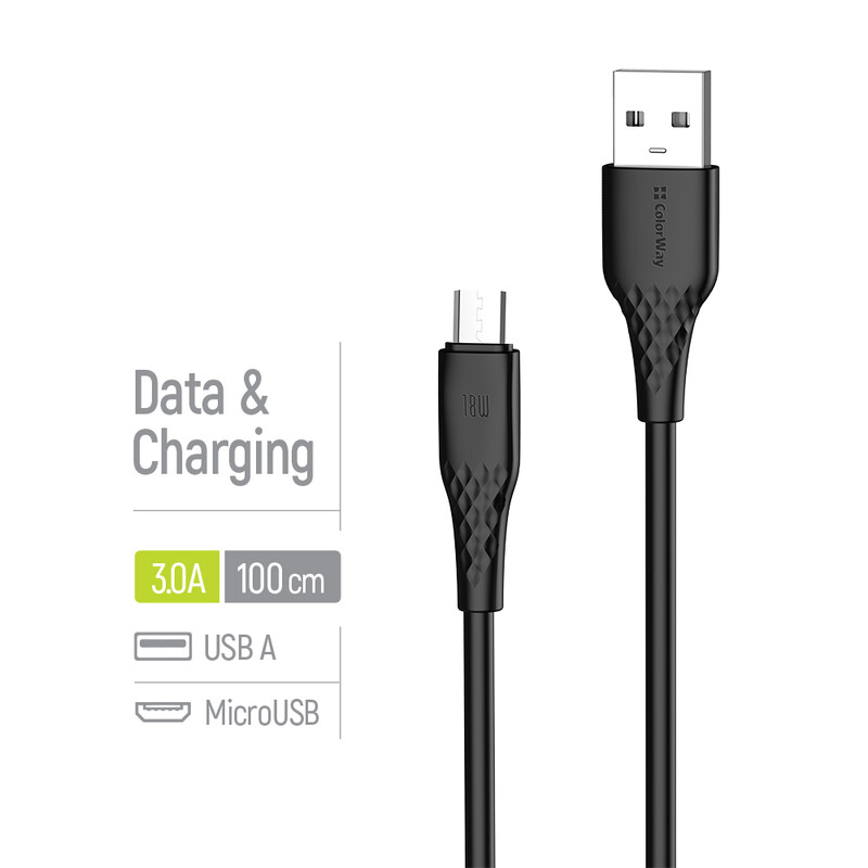 Кабель ColorWay USB - micro USB (M/M), textured PVC, 3А, 1 м, Black (CW-CBUM094-BK)