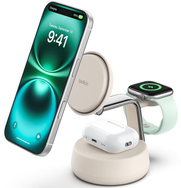 Беспроводное зарядное устройство Belkin UltraCharge Pro 3-in-1 Magnetic Charging Dock with Qi2 25W Sand (WIZ040KQSD)