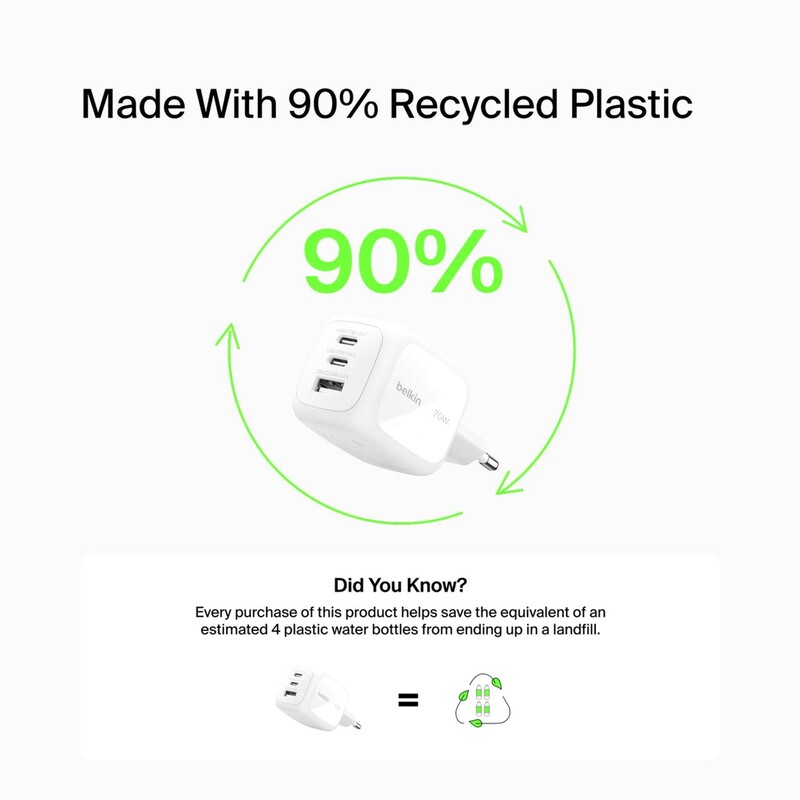 Сетевое зарядное устройствоBelkin BoostCharge Pro 3-Port GaN Wall Charger 70W White (WCH018HQWH)