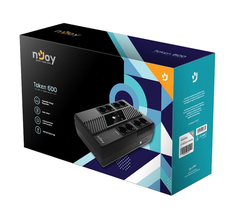 ИБП NJOY Token 600 (UPCSBLS660TTOAZ01B), Lin.int., 8 x Schuko, USB, пластик