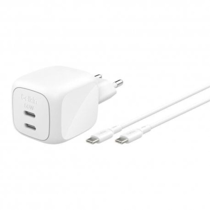 Сетевое зарядное устройство Belkin BoostCharge Pro Dual USB-C GaN Wall Charger 50W + USB-C 1м White (WCH019KQ1MWH-B6)