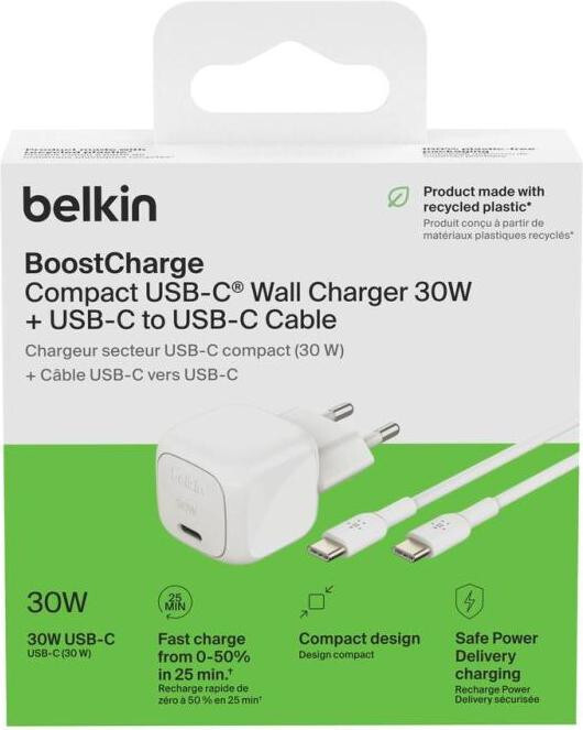 Сетевое зарядное устройство Belkin BoostCharge Compact USB-C Wall Charger 30W + USB-C 1м White (WCA008KQ1MWH-B6)