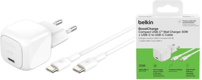 Сетевое зарядное устройство Belkin BoostCharge Compact USB-C Wall Charger 30W + USB-C 1м White (WCA008KQ1MWH-B6)