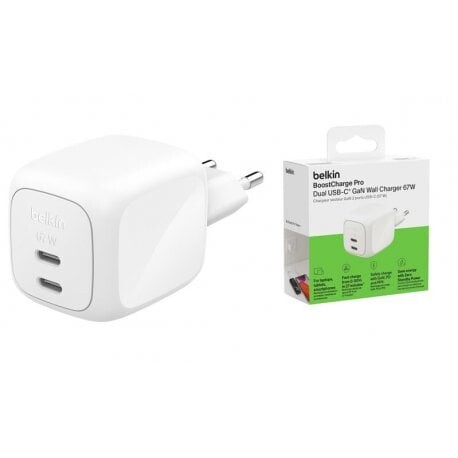 Сетевое зарядное устройство Belkin BoostCharge Pro New Dual USB-C GaN Wall Charger 67W White (WCH020KQWH)