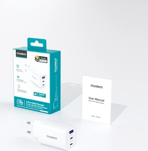 Сетевое зарядное устройство Choetech GaN PD65W 3Ports White (PD9006)