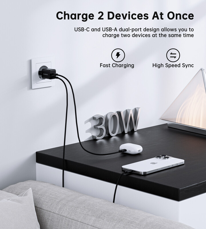 Сетевое зарядное устройство Choetech (USB-C+USB-A) Black (PD5012-EU-BK)