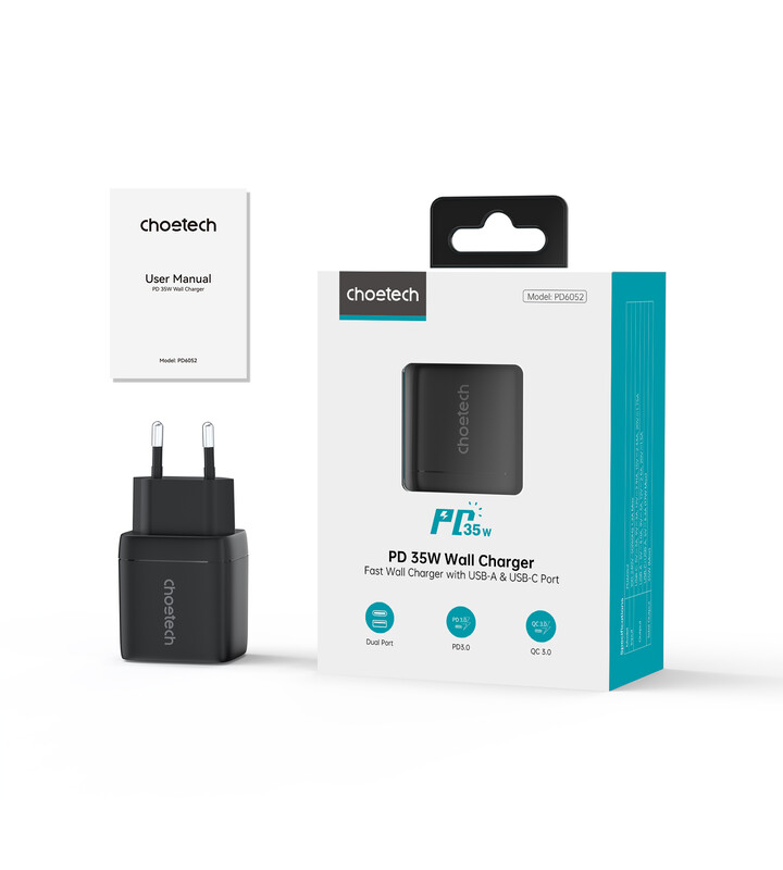 Сетевое зарядное устройство Choetech (USB-C+USB-A) Black (PD6052-EU-BK)