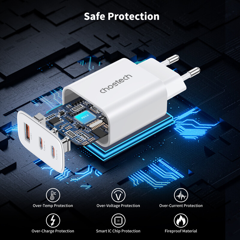 Сетевое зарядное устройство Choetech (2хUSB-C+USB-A) White (PD3046-EU-WH)