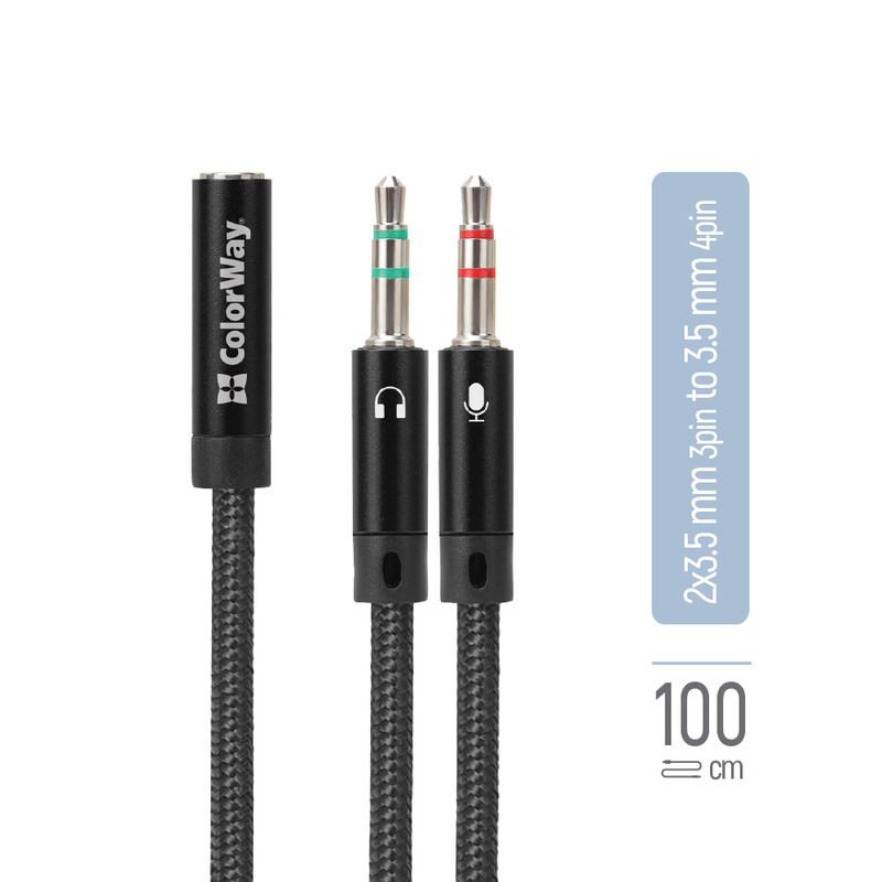 Адаптер ColorWay 3.5 мм - 2х3.5 мм (F/M), 1 м, Black (CW-AD-J2MJ)