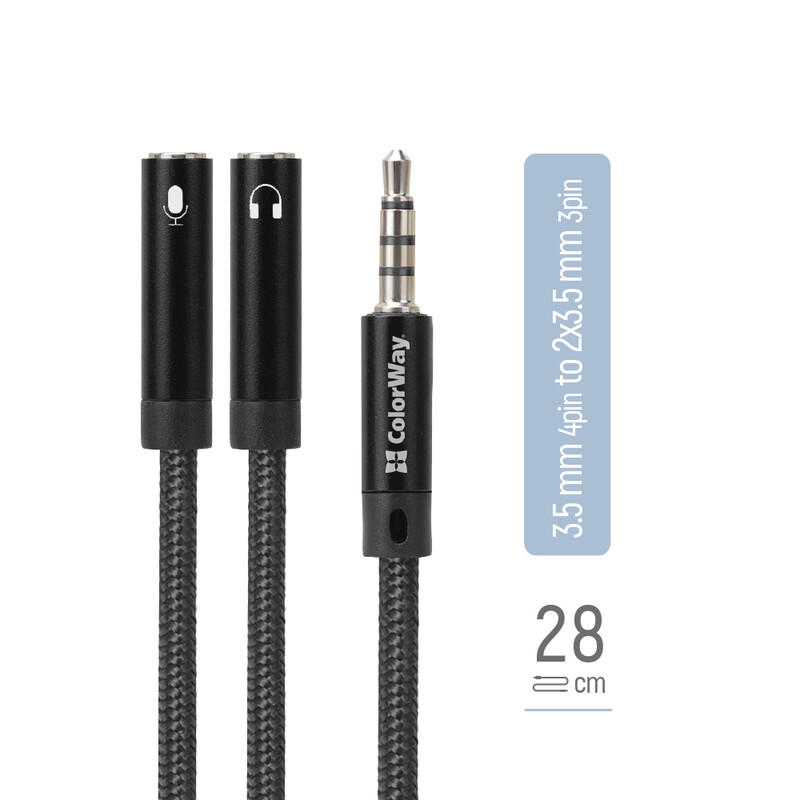 Адаптер ColorWay 3.5 мм - 2х3.5 мм (M/F), 0.28 м, Black (CW-AD-J2FJ)