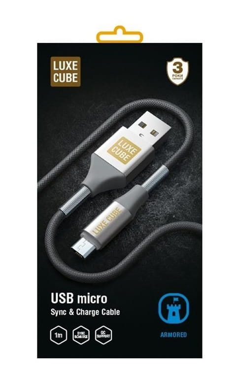 Кабель Luxe Cube Armored USB - microUSB (M/M), 1 м, серый (8886668686105)
