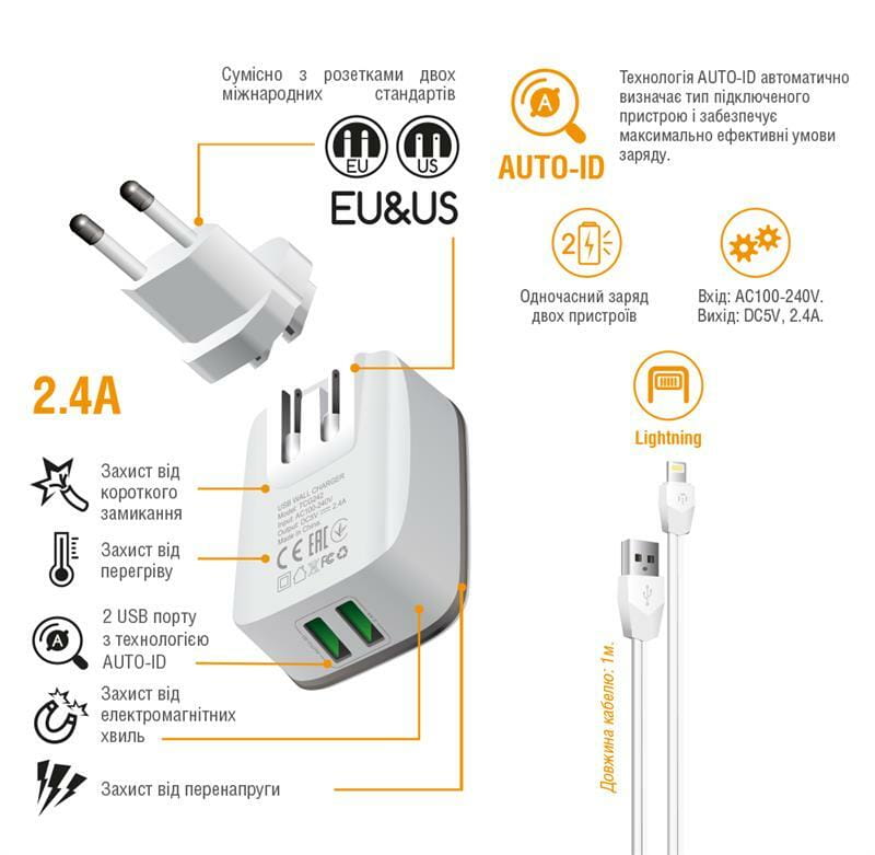 Сетевое зарядное устройство Intaleo TCG242 (2USB, 2.4A) White (1283126477454) + кабель Lightning