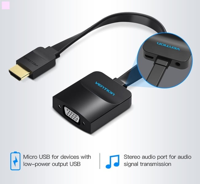 Адаптер Vention Flat HDMI - VGA (M/F), со звуком и питанием, 0.15 м, черный (ACKBB)