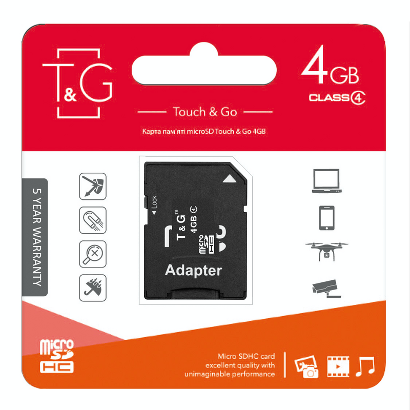 Карта памяти MicroSDHC   4GB Class 4 T&G + SD-adapter (TG-4GBSDCL4-01)